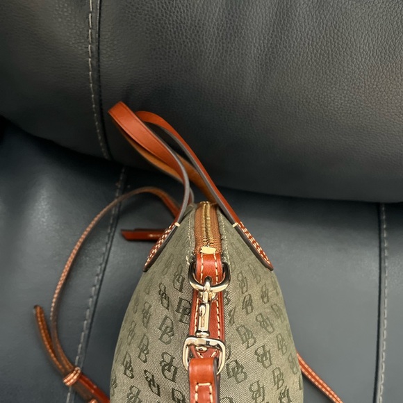 AUTHENTIC Dooney & Bourke Brown and Hunter Green Monogram Satchel - Picture 4 of 13